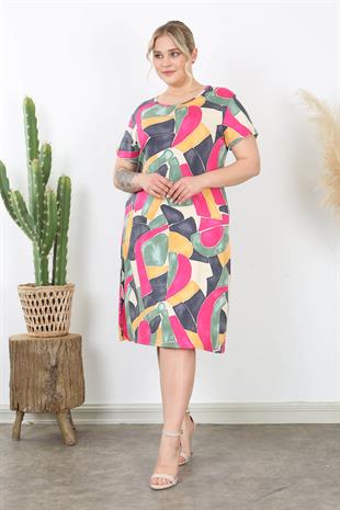 Kadın Pembe Gri Geometrik Desen Midi Elbise