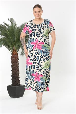 Kadın Pembe Mavi Tropikal Leopar Desen Esnek Maxi Elbise