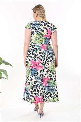 Kadın Pembe Mavi Tropikal Leopar Desen Fırfır Kol Kruvaze Yaka Büyük Beden Maxi Elbise