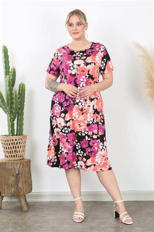 Kadın Pembe Somon Kırçiçeği Desen Midi Elbise