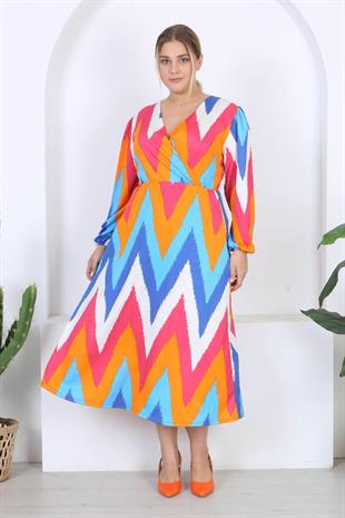 Kadın Renkli Zigzag Desen Kruvaze Yaka Balon Kol Maxi Boy Bürümcük Elbise