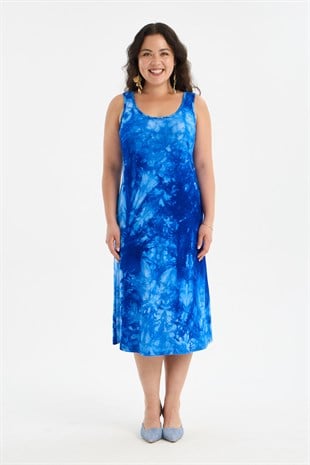 Kadın Saks Mavi Batik Boyama Askılı Büyük Beden Elbise