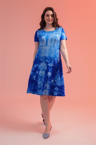 Kadın Saks Mavi Batik Boyama Büyük Beden Esnek Midi Elbise