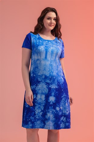 Kadın Saks Mavi Batik Boyama Büyük Beden Esnek Midi Elbise