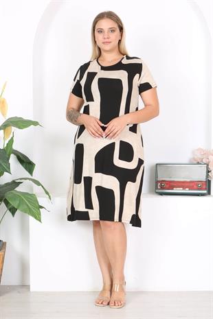 Kadın Siyah Bej Asimetrik Desen Midi Elbise