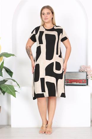 Kadın Siyah Bej Asimetrik Desen Midi Elbise