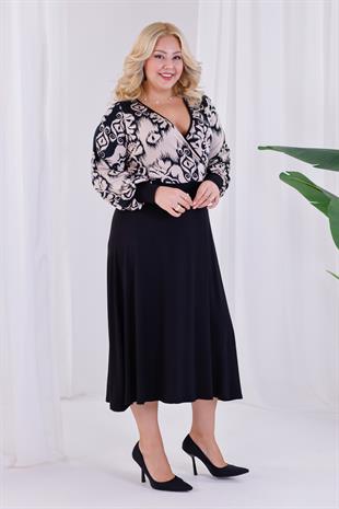 Kadın Siyah Bej Etnik Desen Bloklu Kruvaze Yaka Balon Kol Büyük Beden Esnek Maxi Elbise