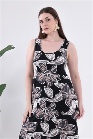 Kadın Siyah Bej Floral Desen Askılı Büyük Beden Elbise