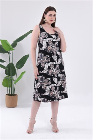 Kadın Siyah Bej Floral Desen Askılı Büyük Beden Elbise