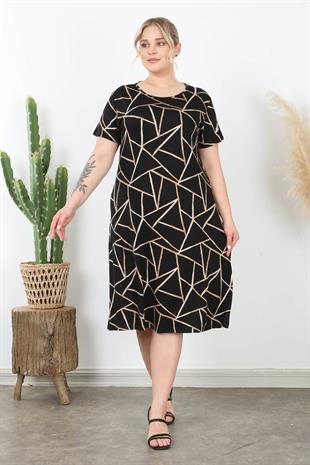 Kadın Siyah Bej Geometrik Desen Midi Elbise