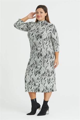 Kadın Siyah Beyaz Asimetrik Yaprak Desen Yarım Balıkçı Yaka Büyük Beden Yırtmaçlı Esnek Süet Elbise