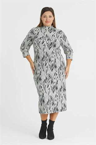 Kadın Siyah Beyaz Asimetrik Yaprak Desen Yarım Balıkçı Yaka Büyük Beden Yırtmaçlı Esnek Süet Elbise