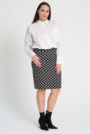 Kadın Siyah Beyaz Baklava Desen Esnek Süet Kalem Etek