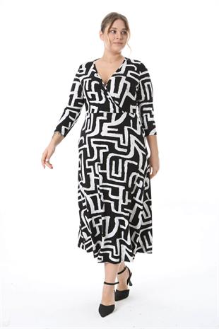 Kadın Siyah Beyaz Batik Geometrik Desen Uzun Kol Kruvaze Yaka Büyük Beden Maxi Elbise