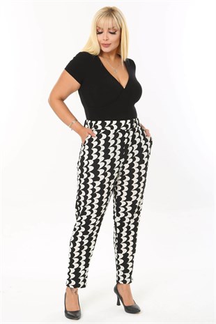 Kadın Siyah Beyaz Dalga Desen Esnek Krep Kumaş Havuç Pantolon