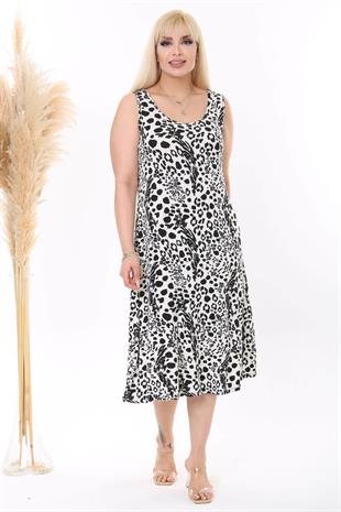 Kadın Siyah Beyaz Leopar Desenli Askılı Büyük Beden Elbise