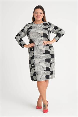 Kadın Siyah Beyaz Puantiyeli Ekose Desen Cep Detay Büyük Beden Esnek Süet Elbise