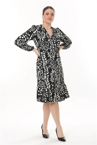 Kadın Siyah Beyaz Sarmaşık Desen Kruvaze Yaka Balon Kol Büyük Beden Esnek Elbise