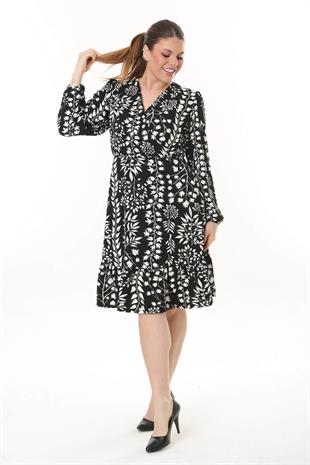 Kadın Siyah Beyaz Sarmaşık Desen Kruvaze Yaka Balon Kol Büyük Beden Esnek Elbise