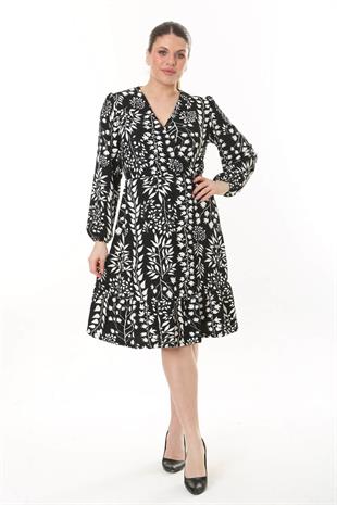 Kadın Siyah Beyaz Sarmaşık Desen Kruvaze Yaka Balon Kol Büyük Beden Esnek Elbise