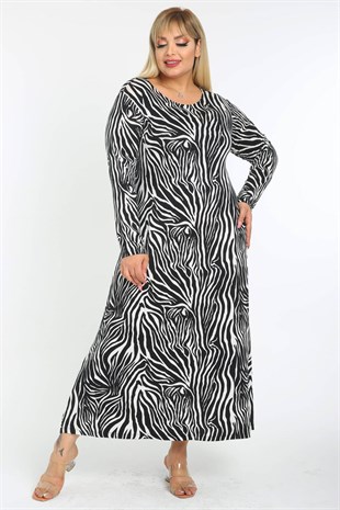 Kadın Siyah Beyaz Zebra Desen Büyük Beden Maksi Elbise
