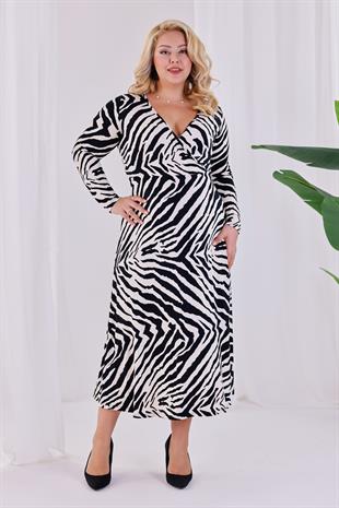 Kadın Siyah Beyaz Zebra Desen Kruvaze Yaka Büyük Beden Esnek Maxi Elbise