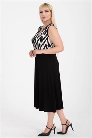 Kadın Siyah Beyaz Zigzag Desen Bloklu Biye Detay Kruvaze Elbise