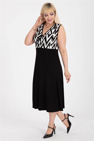 Kadın Siyah Beyaz Zigzag Desen Bloklu Biye Detay Kruvaze Elbise