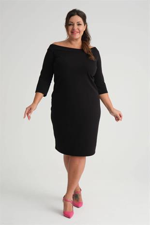 Kadın Siyah Kayık Yaka Truvakar Kol Büyük Beden Esnek Krep Elbise