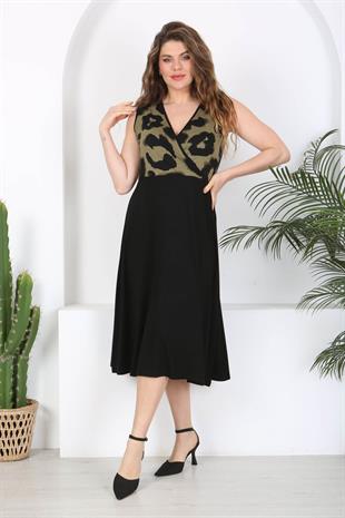 Kadın Siyah Haki Tiger Desen Bloklu Biye Detay Kruvaze Elbise