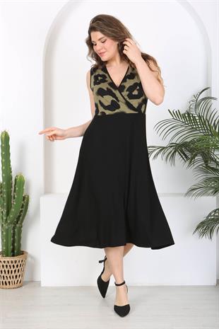 Kadın Siyah Haki Tiger Desen Bloklu Biye Detay Kruvaze Elbise