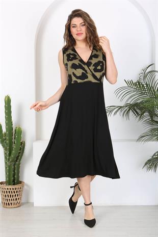 Kadın Siyah Haki Tiger Desen Bloklu Biye Detay Kruvaze Elbise