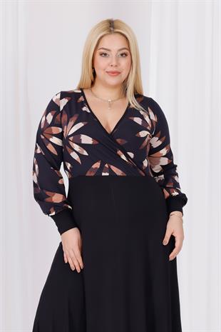 Kadın Siyah Kahve Floral Desen Bloklu Kruvaze Yaka Balon Kol Büyük Beden Esnek Maxi Elbise