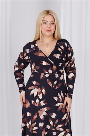 Kadın Siyah Kahve Floral Desen Kruvaze Yaka Büyük Beden Esnek Maxi Elbise