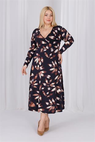 Kadın Siyah Kahve Floral Desen Kruvaze Yaka Büyük Beden Esnek Maxi Elbise