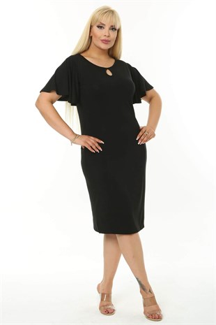 Kadın Siyah Kelebek Kol Kuplu Büyük Beden Elbise