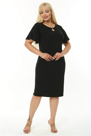 Kadın Siyah Kelebek Kol Kuplu Büyük Beden Elbise