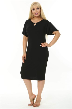 Kadın Siyah Kelebek Kol Kuplu Büyük Beden Elbise