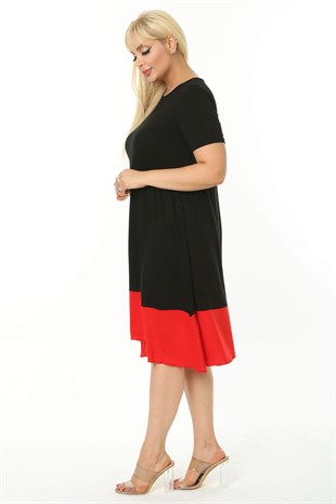 Kadın Siyah Kırmızı Renk Bloklu Büyük Beden Elbise