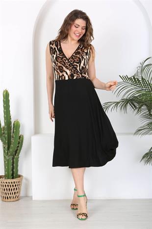 Kadın Siyah Leopar Desen Bloklu Biye Detay Kruvaze Elbise