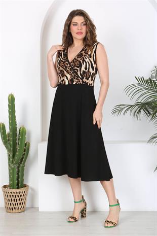 Kadın Siyah Leopar Desen Bloklu Biye Detay Kruvaze Elbise