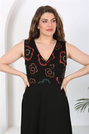 Kadın Siyah Neon Çiçek Desen Bloklu Biye Detay Kruvaze Elbise