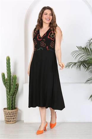 Kadın Siyah Neon Çiçek Desen Bloklu Biye Detay Kruvaze Elbise