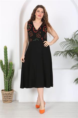 Kadın Siyah Neon Çiçek Desen Bloklu Biye Detay Kruvaze Elbise