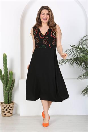 Kadın Siyah Neon Çiçek Desen Bloklu Biye Detay Kruvaze Elbise