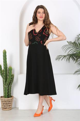 Kadın Siyah Neon Çiçek Desen Bloklu Biye Detay Kruvaze Elbise