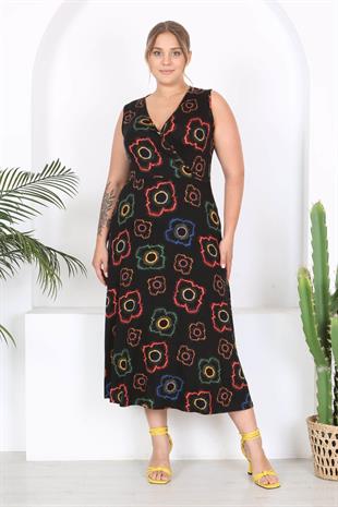 Kadın Siyah Neon Çiçek Desen Kolsuz Kruvaze Yaka Büyük Beden Maxi Elbise