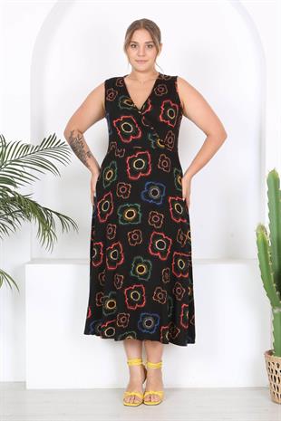 Kadın Siyah Neon Çiçek Desen Kolsuz Kruvaze Yaka Büyük Beden Maxi Elbise