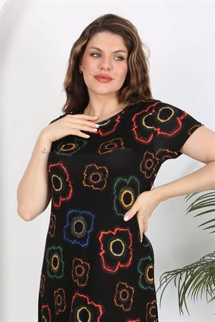 Kadın Siyah Neon Çiçek Desen Midi Elbise