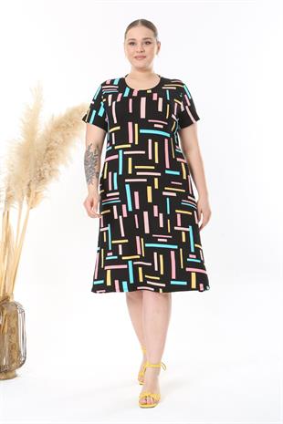 Kadın Siyah Pembe Geometrik Çizgi Desen Midi Elbise